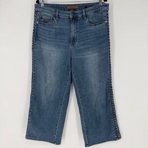 JUDY‎ BLUE HIGH WAIST SIDE SEAM BRAID DETAIL CROP WIDE LEG JEANS SIZE 15 / 32